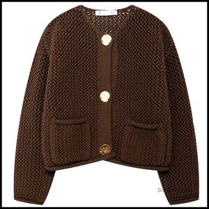 Cropped Cardigan Chunky Knit Open Front Gold Buttons Y2K Chic Sweater
